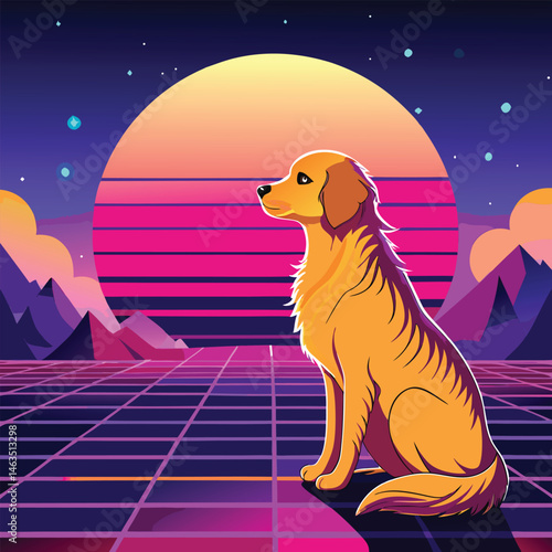 Cute happy puppy illustration on the moon, at night, and on the beach