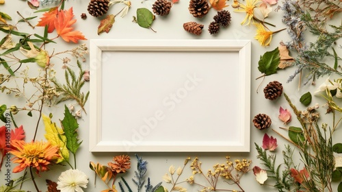 White frame surrounded by autumnal leaves, flowers, and pine cones on a light green background. Flat lay, top view. Perfect for fall themed designs and announcements.