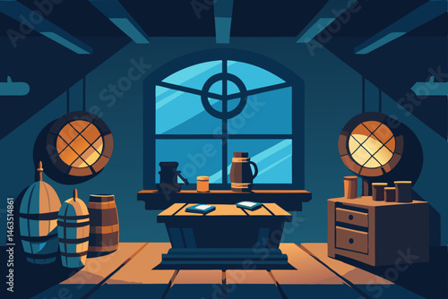 pirate captain s study with maps  rum barrels  