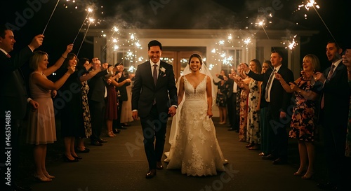 Newlyweds walking hand-in-hand through a sparkler exit