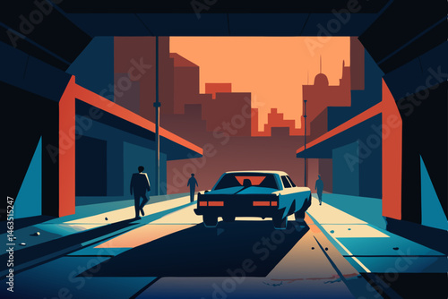 police car chase in a dark  rainy urban tunnel 