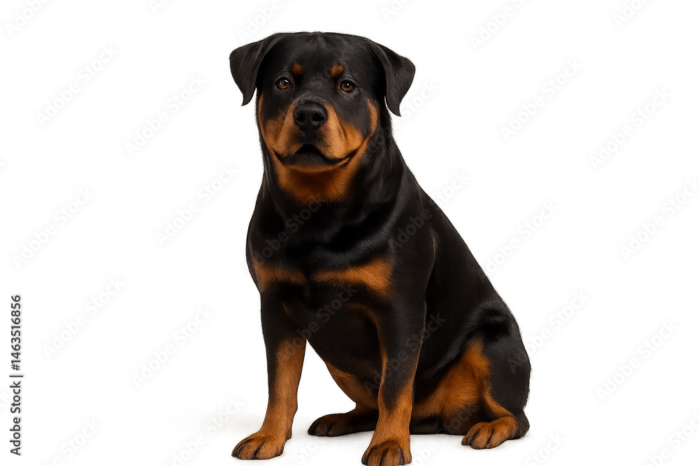 Rottweiler Portrait: A striking Rottweiler sits with alert posture against a clean backdrop, showcasing its muscular build, strong jaw, and expressive eyes. Rottweiler Portrait: A striking Rottweiler sits with alert posture against a clean backdrop, showcasing its muscular build, strong jaw, and expressive eyes.