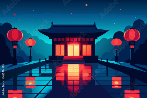 public bathhouse lit by red paper lanterns 