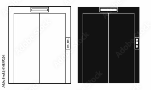 Vector elevator door icons in outline and solid styles. Simple lift symbol for building, architecture, transportation, UI, signage, or facility design projects.