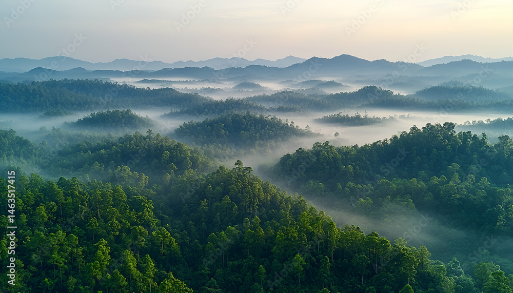 Fototapeta premium Misty Mountain Landscape at Sunrise