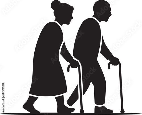 Elderly Couple Walking With Canes Black Silhouette Illustration Symbol Graphic Element