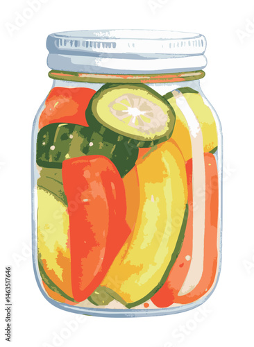 瓶詰めされた野菜の漬物の水彩風イラスト　生成AI