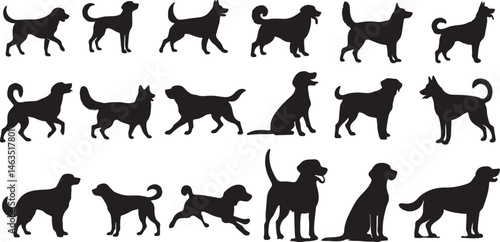 A high-quality vector collection of dog silhouettes showcasing various breeds in multiple poses including sitting, standing, running, and playing. These black animal icons are ideal for pet branding