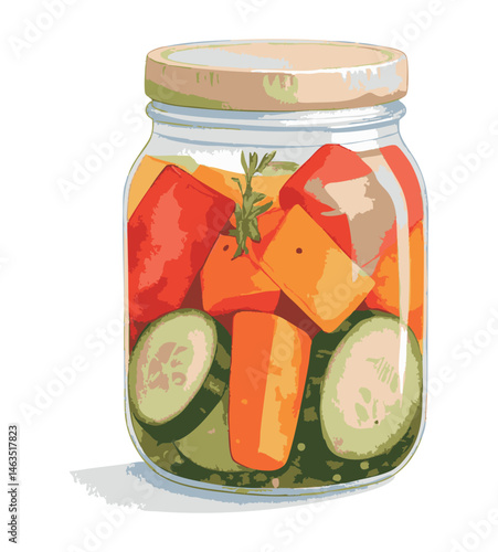 瓶詰めされた野菜の漬物の水彩風イラスト　生成AI