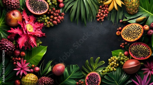 Vibrant Tropical Fruits and Flowers Frame on Dark Background