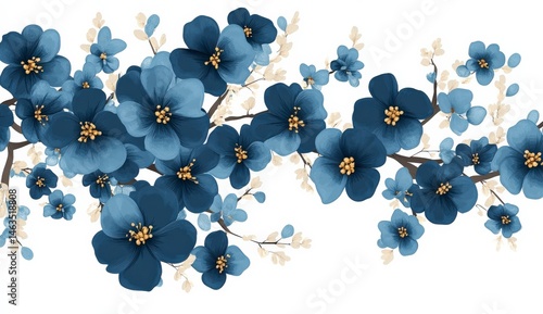 Horizontal arrangement of watercolor blue flowers and branches. The blossoms are various shades of blue with yellow centers, set against a white background.  A serene and elegant floral design.