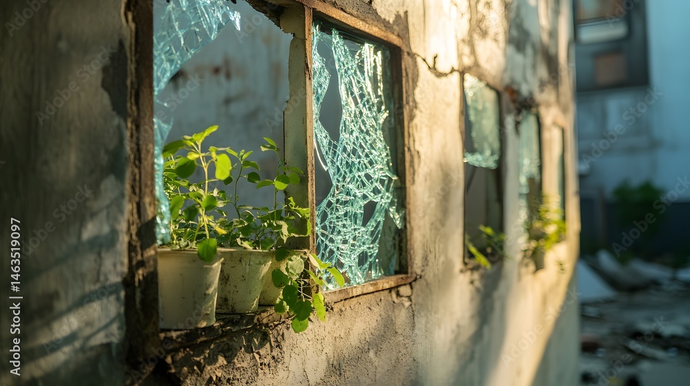 Broken windows with potted plants in a weathered facade. Broken windows with potted plants in a weathered facade.