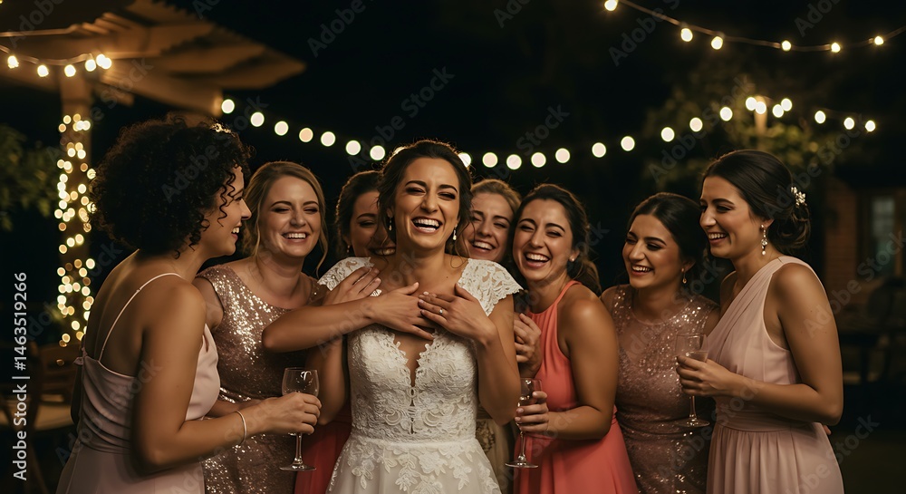 Obraz premium Bride and bridesmaids hugging during a pre-wedding celebration
