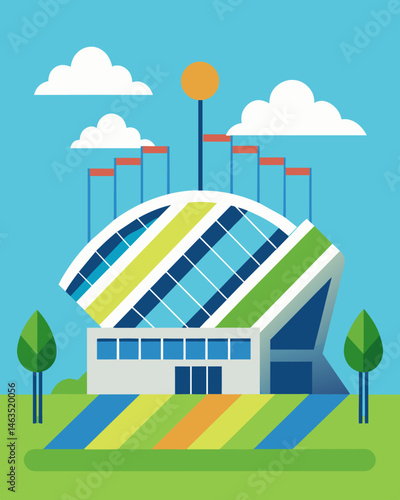 The solar panels on the stadium are not only functional but also serve as a statement of the organizations commitment to sustainability and clean energy.. Vector illustration