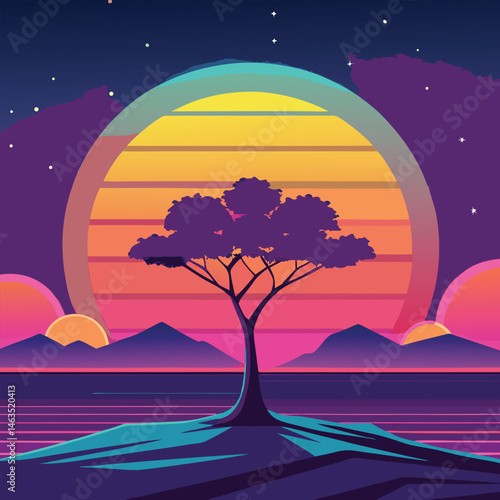 Night landscape with a lone tree silhouetted against a moonlit sky