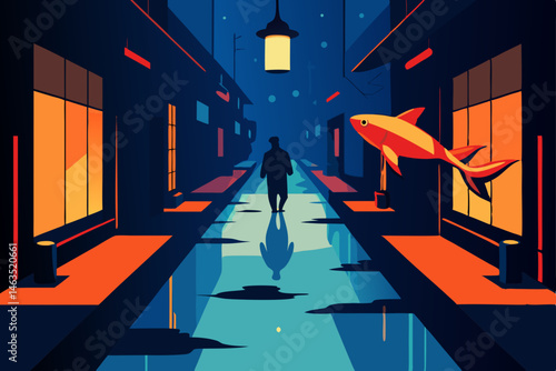 rainy pedestrian street lit by large neon koi fish.svg