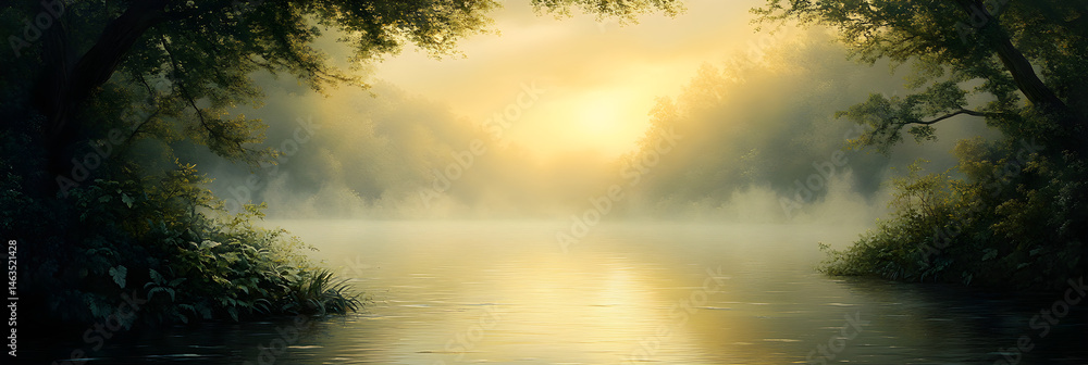 Obraz premium Golden Dawn Serenity: A Tranquil Sunrise Over a Misty Lake Reflecting Nature's Harmony and Peaceful Stillness