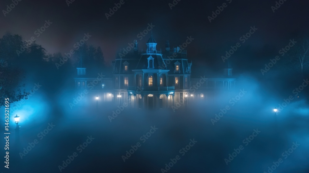 Obraz premium Enigmatic victorian house shrouded in fog at night