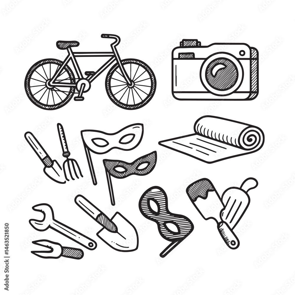 Fototapeta premium Hand Drawn Hobby and Leisure Activities Icon Collection in Black and White