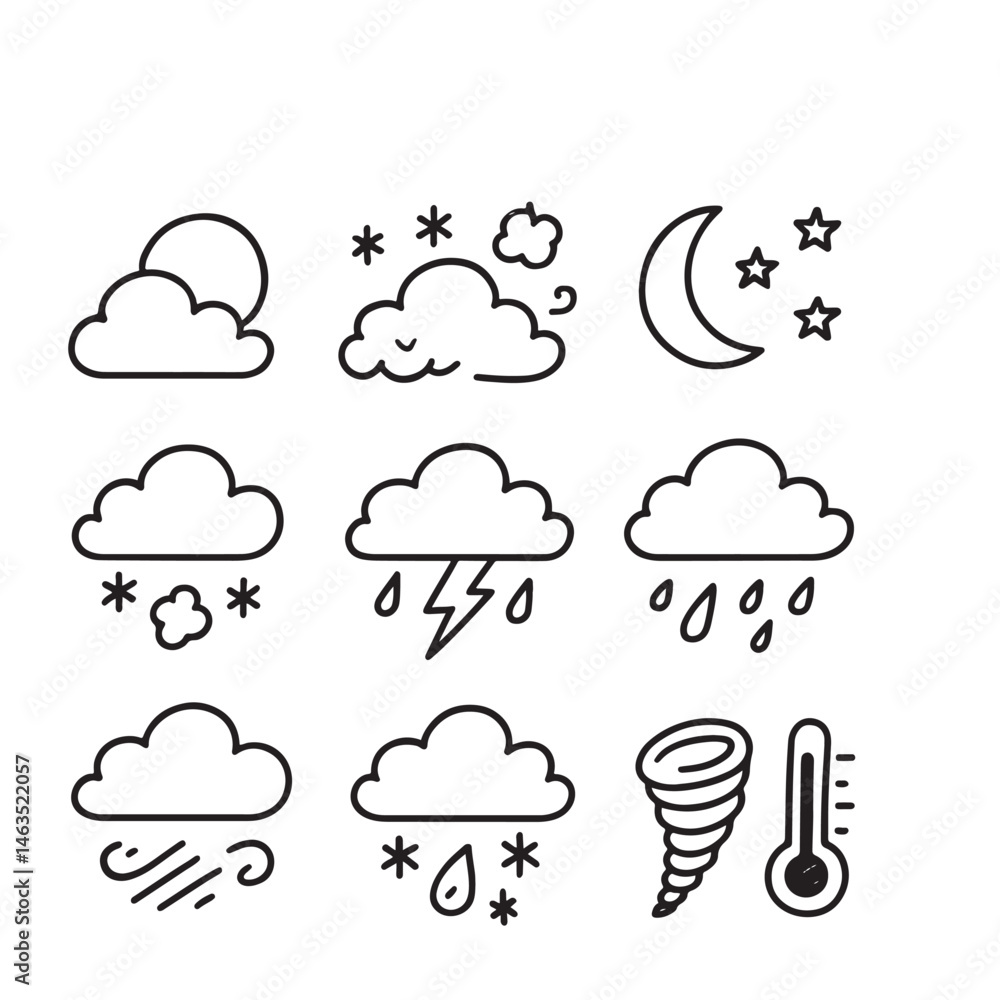 Hand Drawn Weather Icons Set Black and White Doodle Style Hand Drawn Weather Icons Set Black and White Doodle Style