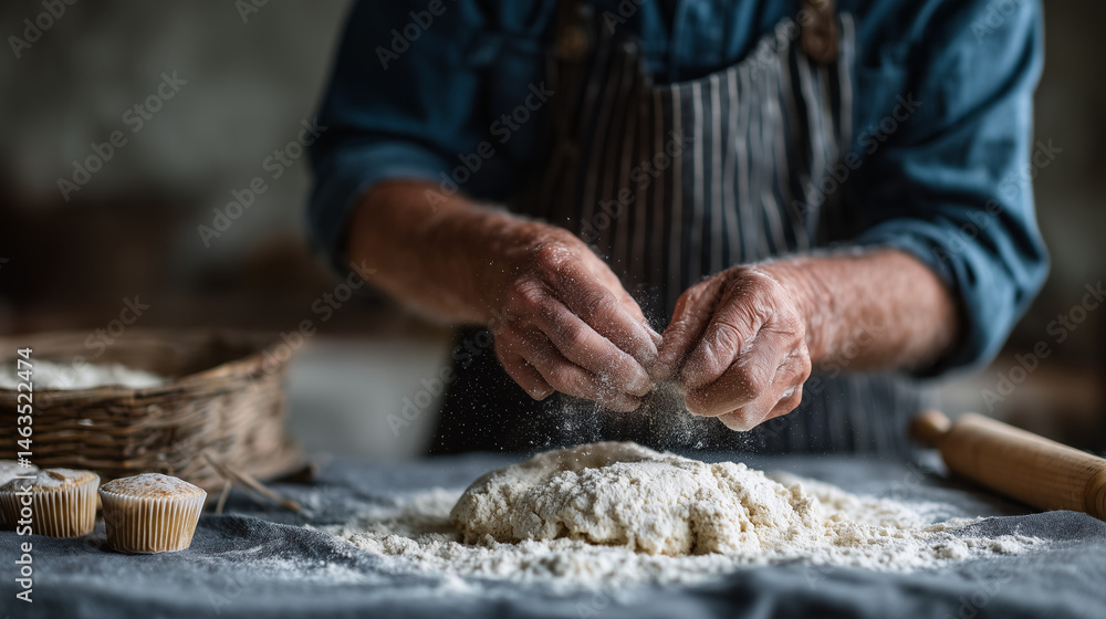 Artisan Baker's Craft: An intimate close-up showcases an artisan's experienced hands as they delicately shape and sprinkle flour over a doughy mound. The scene captures the patient art of baking. Artisan Baker's Craft: An intimate close-up showcases an artisan's experienced hands as they delicately shape and sprinkle flour over a doughy mound. The scene captures the patient art of baking.