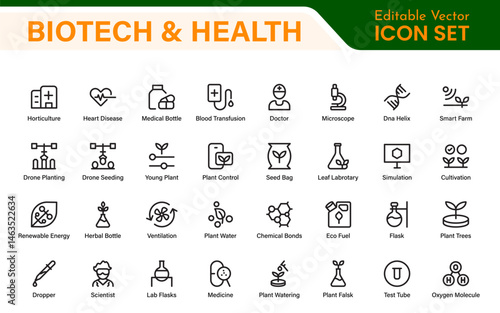 Biotech and Health Tech Icon Pack – Clean, Minimalist Line Vector Illustrations for Healthcare, Science, Lab Research, Pharma.