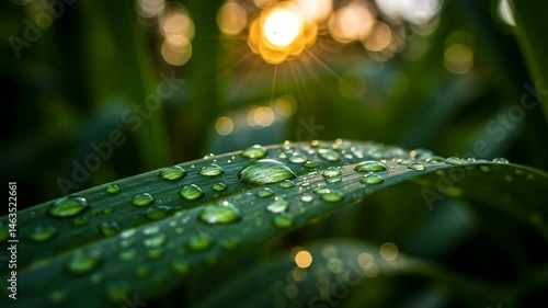 Dewdrops on green leaf with sunrise in background, nature beauty