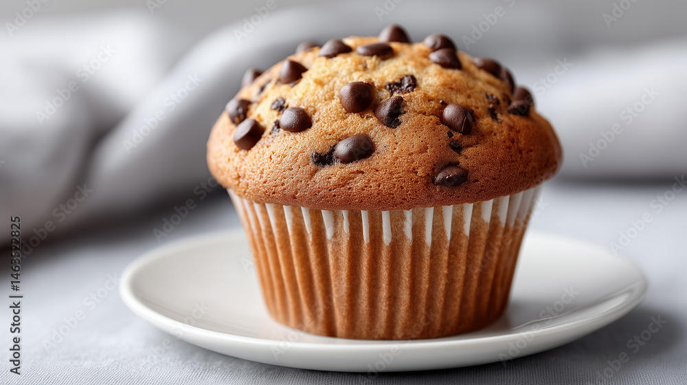 Delicious Muffin with Chocolate Chips: A mouthwatering muffin, generously studded with chocolate chips, rests gracefully on a delicate white plate. Delicious Muffin with Chocolate Chips: A mouthwatering muffin, generously studded with chocolate chips, rests gracefully on a delicate white plate.