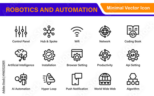 Futuristic Robotics and Automation Icon Pack – Clean Line Vector Illustrations for AI, Smart Tech, Industry 4.0, Innovation, Machine Learning