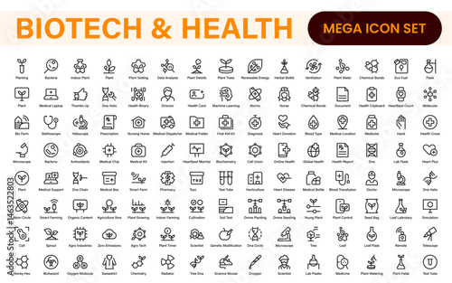 Biotech and Health Tech Icon Pack – Clean, Minimalist Line Vector Illustrations for Healthcare, Science, Lab Research, Pharma.