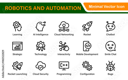 Futuristic Robotics and Automation Icon Pack – Clean Line Vector Illustrations for AI, Smart Tech, Industry 4.0, Innovation, Machine Learning