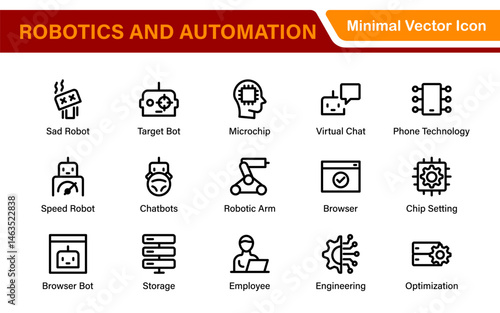 Futuristic Robotics and Automation Icon Pack – Clean Line Vector Illustrations for AI, Smart Tech, Industry 4.0, Innovation, Machine Learning