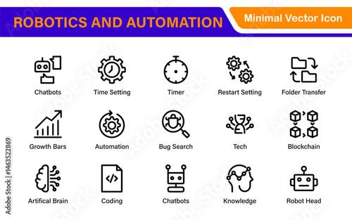 Futuristic Robotics and Automation Icon Pack – Clean Line Vector Illustrations for AI, Smart Tech, Industry 4.0, Innovation, Machine Learning