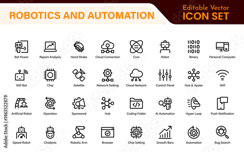 Futuristic Robotics and Automation Icon Pack – Clean Line Vector Illustrations for AI, Smart Tech, Industry 4.0, Innovation, Machine Learning