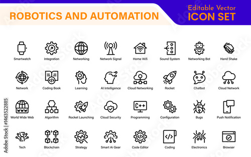 Futuristic Robotics and Automation Icon Pack – Clean Line Vector Illustrations for AI, Smart Tech, Industry 4.0, Innovation, Machine Learning