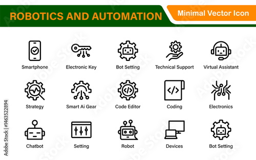 Futuristic Robotics and Automation Icon Pack – Clean Line Vector Illustrations for AI, Smart Tech, Industry 4.0, Innovation, Machine Learning