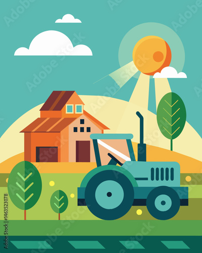 The gentle hum of a solarpowered tractor breaks the otherwise peaceful silence of the rural farm.. Vector illustration