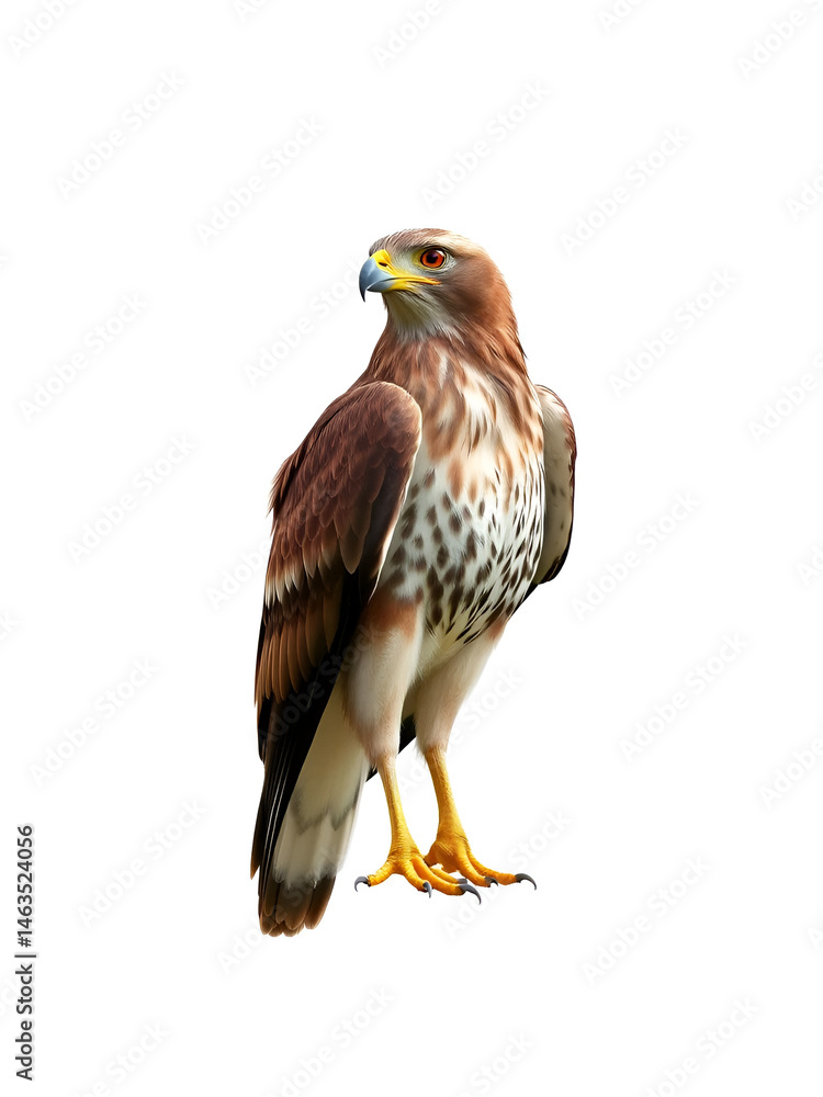 Fototapeta premium Angled view full body shot of an extremely perfect looking single rough-legged hawk (rough-legged buzzard) isolated on a white transparent background