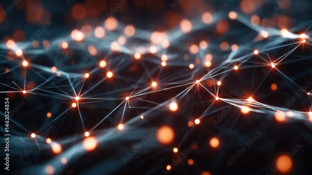 Fototapeta premium Abstract Network of Glowing Nodes and Lines Connecting in a Complex Web Close Up View Data Visualization