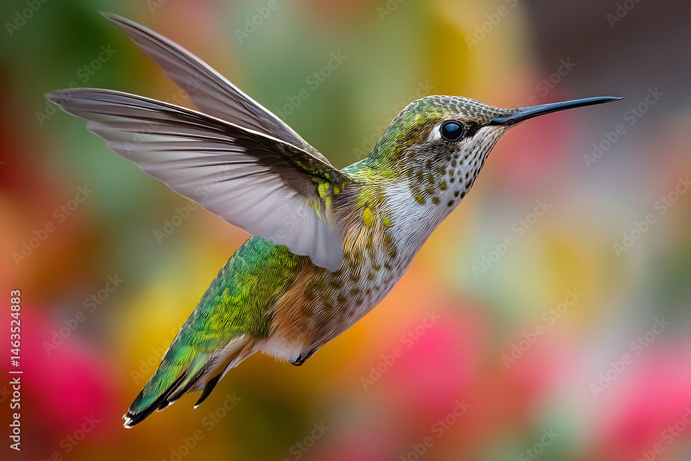 Fototapeta premium Close-up view of a small, vibrant hummingbird in flight.