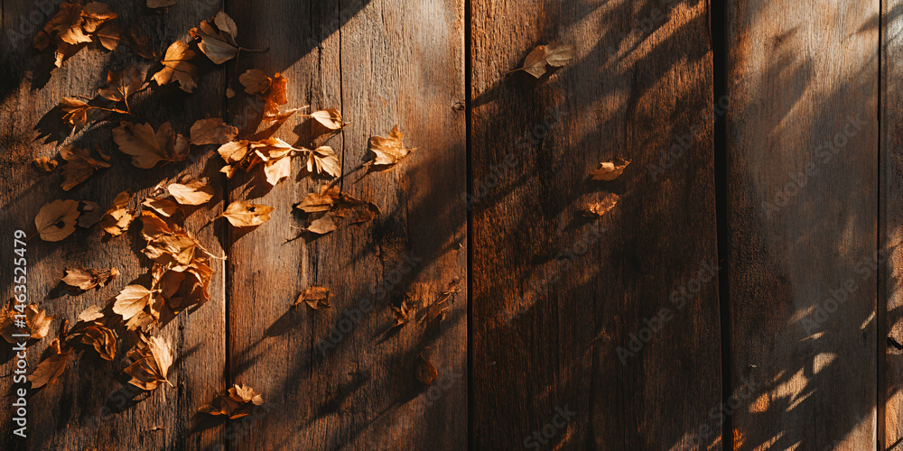 Dry Leaves Scattered on Rustic Wooden Floor in Autumn Light