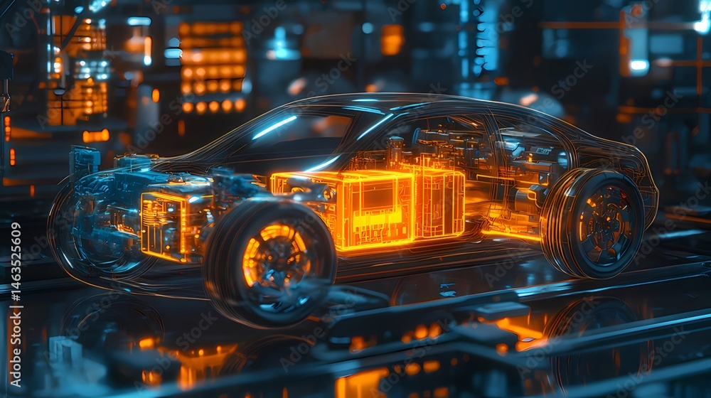 電気自動車の抽象的な青とオレンジ色の輝きのあるレンダリング 未来的なテクノロジーのコンセプトを示す複雑なデザインとデジタル接続 電気自動車の抽象的な青とオレンジ色の輝きのあるレンダリング 未来的なテクノロジーのコンセプトを示す複雑なデザインとデジタル接続