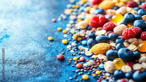 Colorful Healthy Breakfast Bowl with Berries, Almonds, and Oats on Blue Background