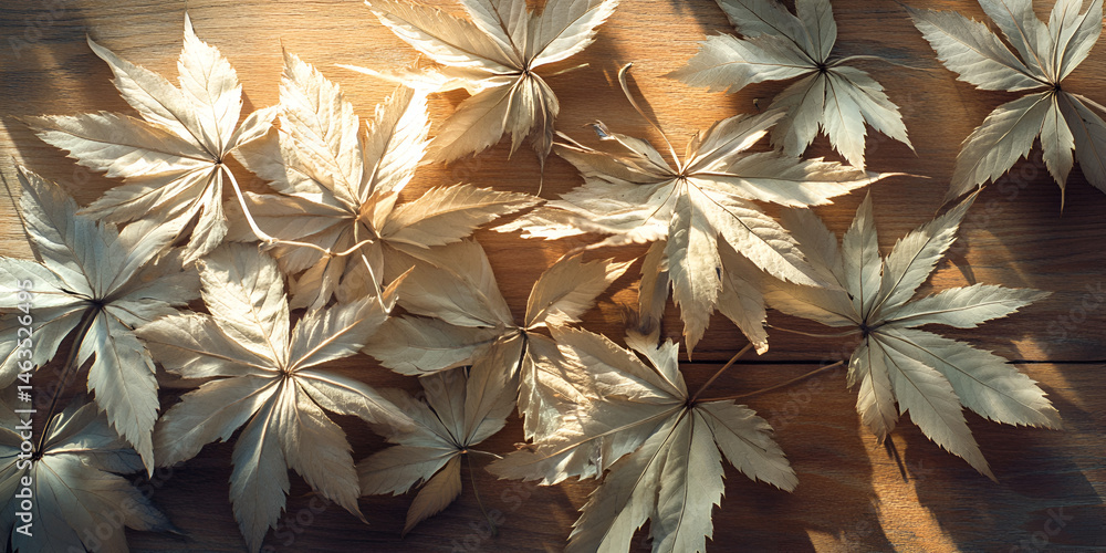 Sunlit Pale Leaves on Wooden Surface – Autumn Flatlay