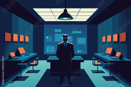 secret agent briefing room with hidden screens 