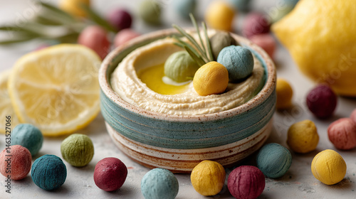 Hummus Platter with Fresh Ingredients: A vibrant display of a creamy hummus in a ceramic bowl is garnished with olive oil, accompanied by colorful decorative balls and zesty lemons.