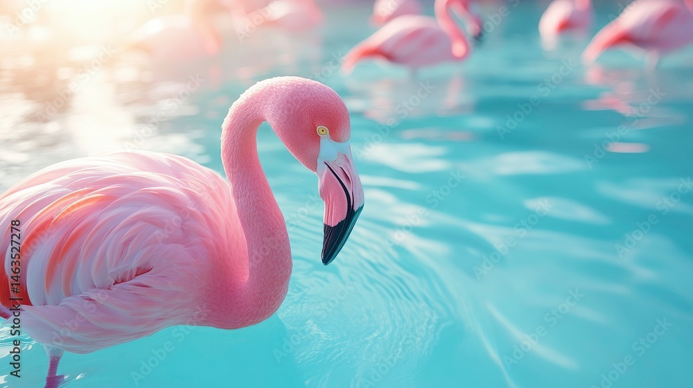 Fototapeta premium Pink Flamingo in a Tranquil Blue Pool