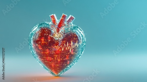 Digital Heart: A 3D Render of a Glass Heart with Circuitry and Heartbeat