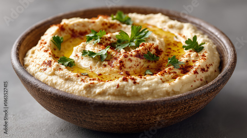 Hummus bowl: An inviting shot of creamy, homemade hummus, drizzled with olive oil and sprinkled with paprika and parsley, in a rustic wooden bowl.