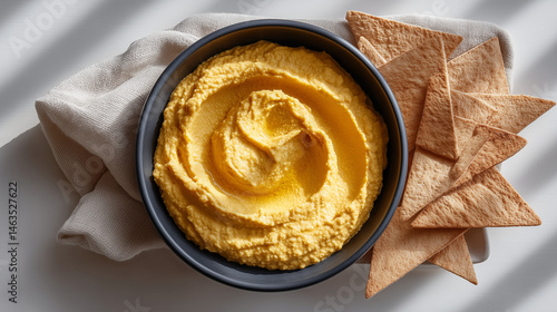 Creamy Hummus Delight with Pita Chips: A close-up shot of a bowl brimming with creamy, golden hummus, artfully drizzled with oil and accompanied by fresh, crispy pita chips, inviting indulgence.